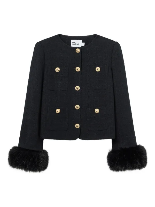Self-Portrait Faux Fur-cuff Buttoned Jacket in Black