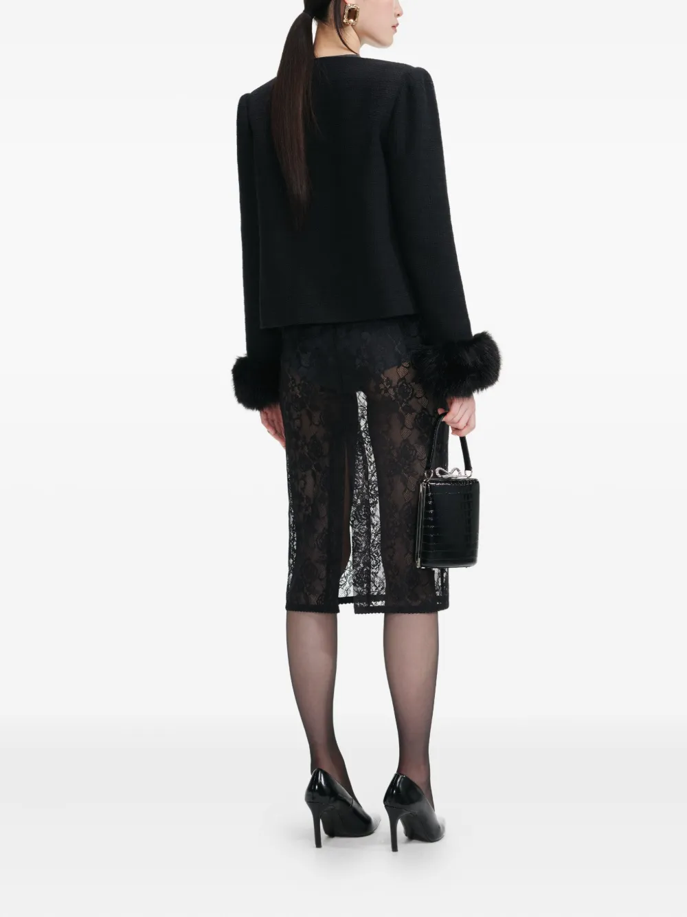 Self-Portrait faux fur-cuff buttoned jacket Zwart