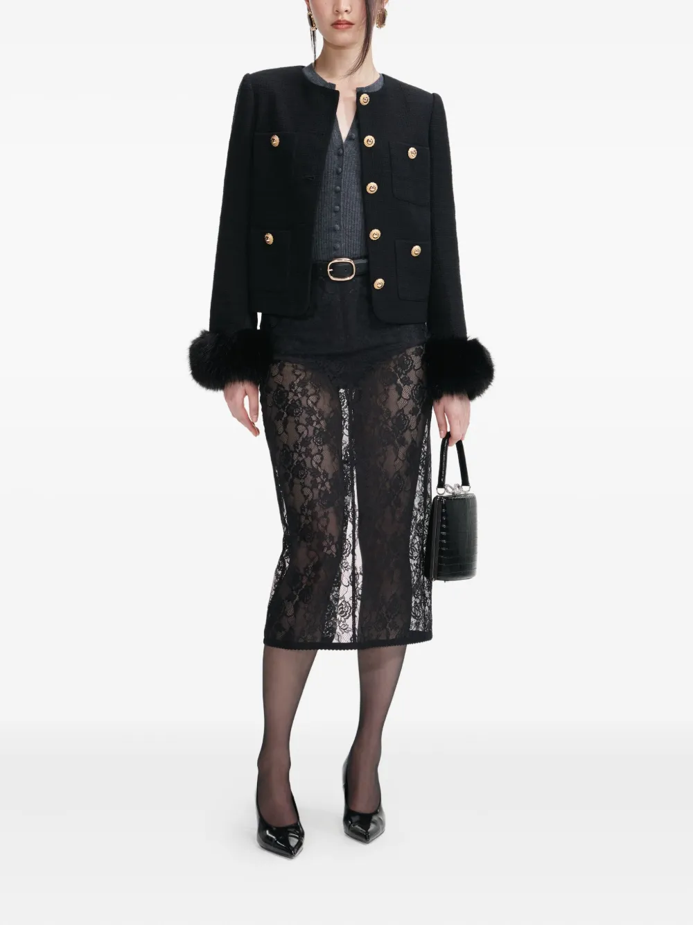 Self-Portrait faux fur-cuff buttoned jacket Zwart