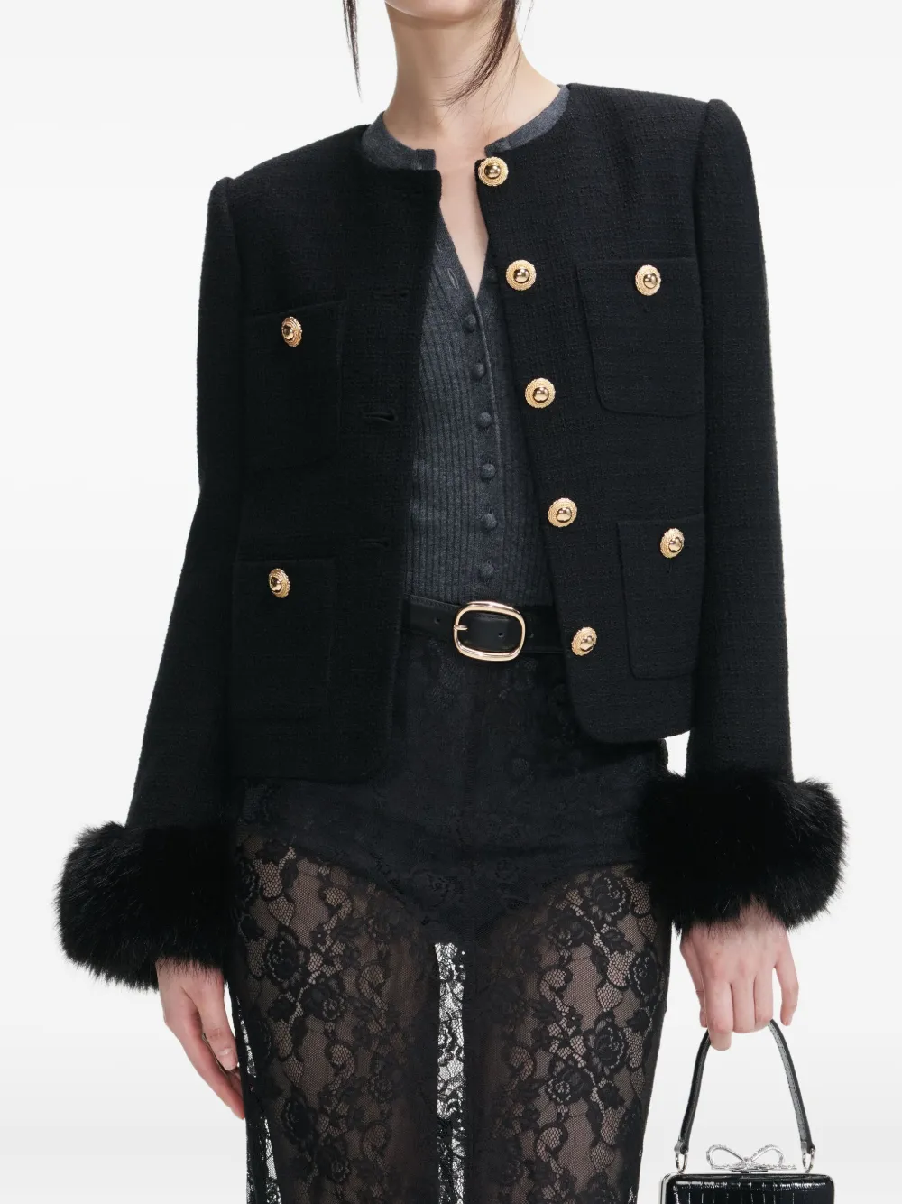 Self-Portrait faux fur-cuff buttoned jacket Zwart