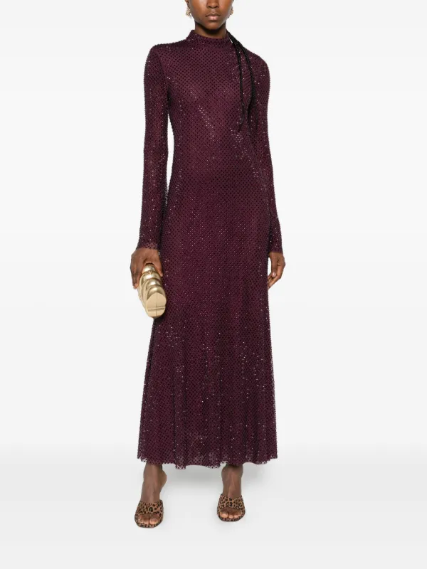 knee length dresses for ladies Burgundy Rhinestone Mesh Cut Out Midi Dress – self-portrait-US