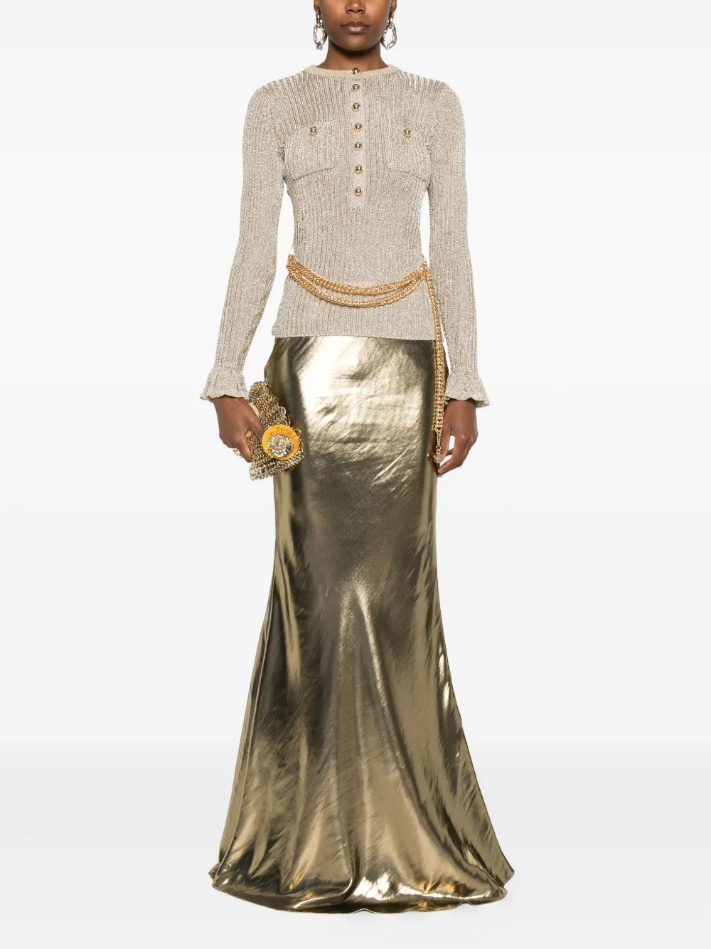 Self-Portrait metallic-effect maxi skirt - Goud