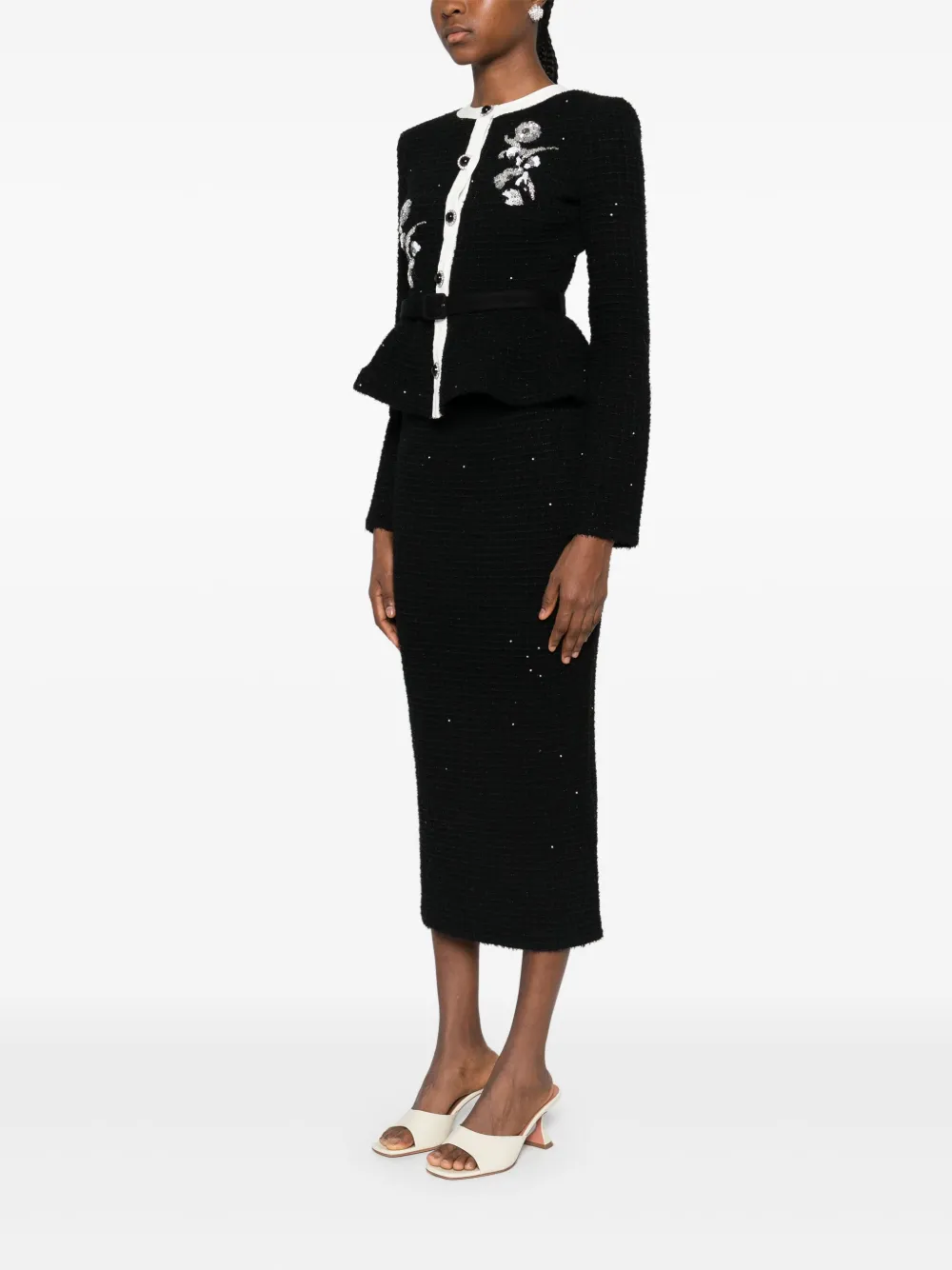 Self-portrait Floral-embellished Knitted Midi Dress In Black
