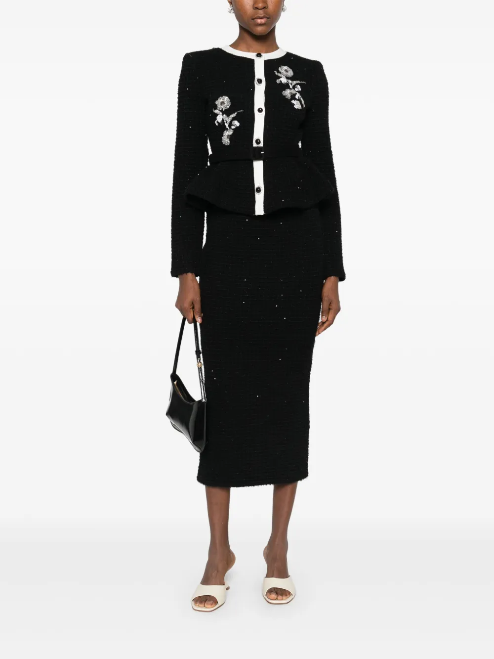 Self-Portrait Gebreide midi-jurk met bloemenprint - Zwart