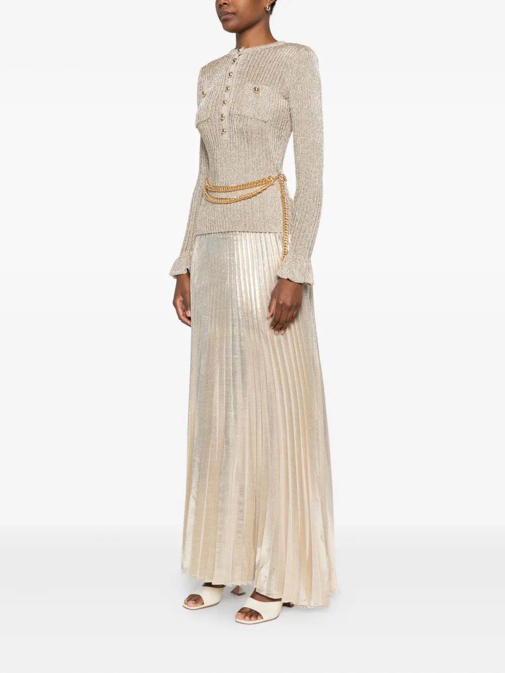 Self-portrait Ribbed-knit Lurex Maxi Dress In Gold