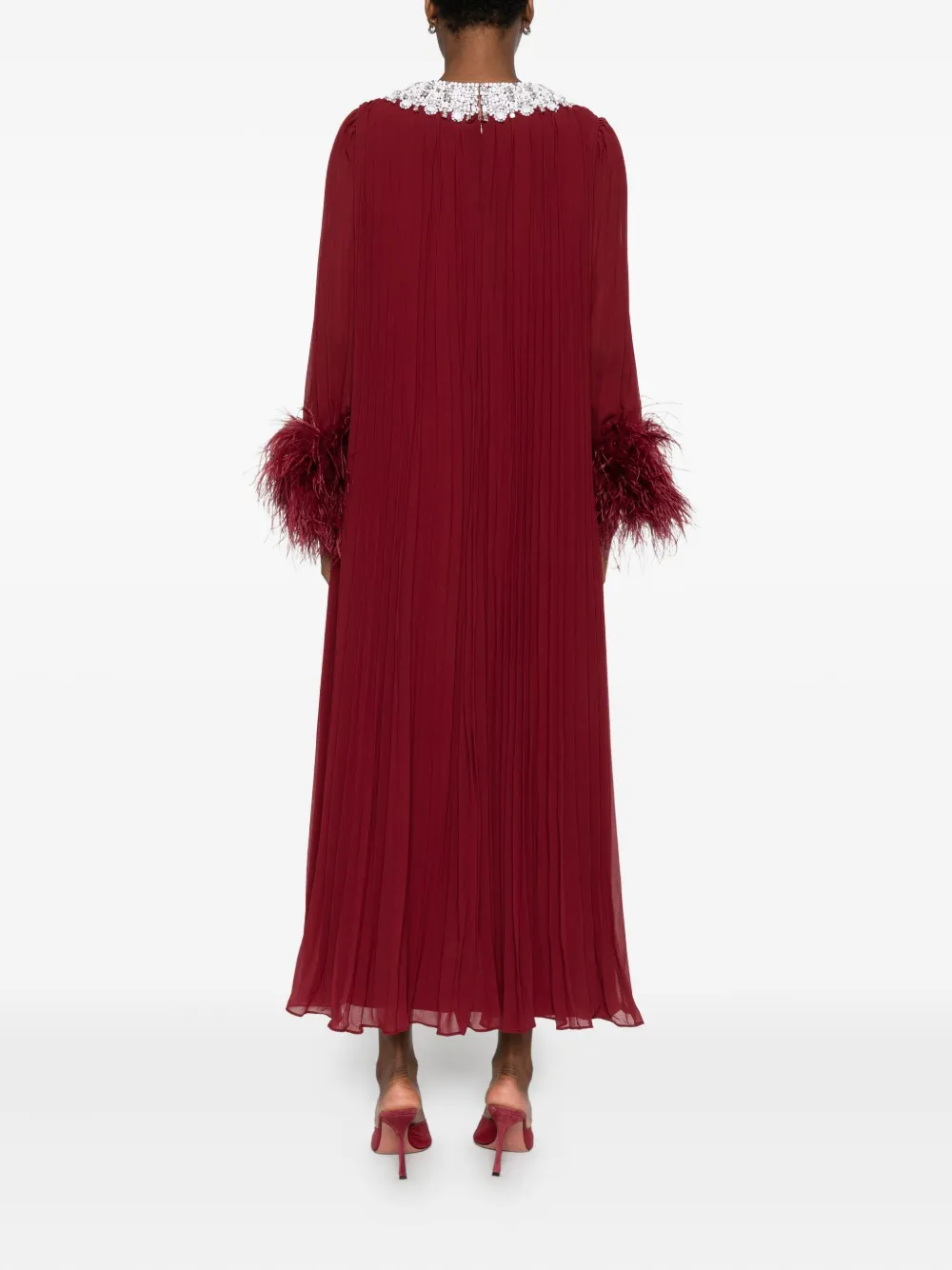 Self-portrait Feather-trimmed Chiffon Midi Dress In Red