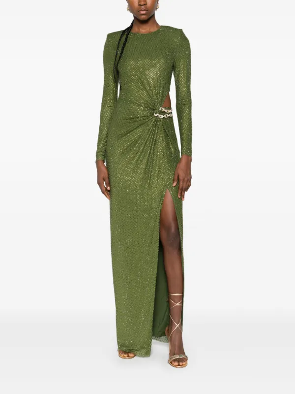 Self-portrait Rhinestone-embellished Chain-detail Maxi Dress - Green