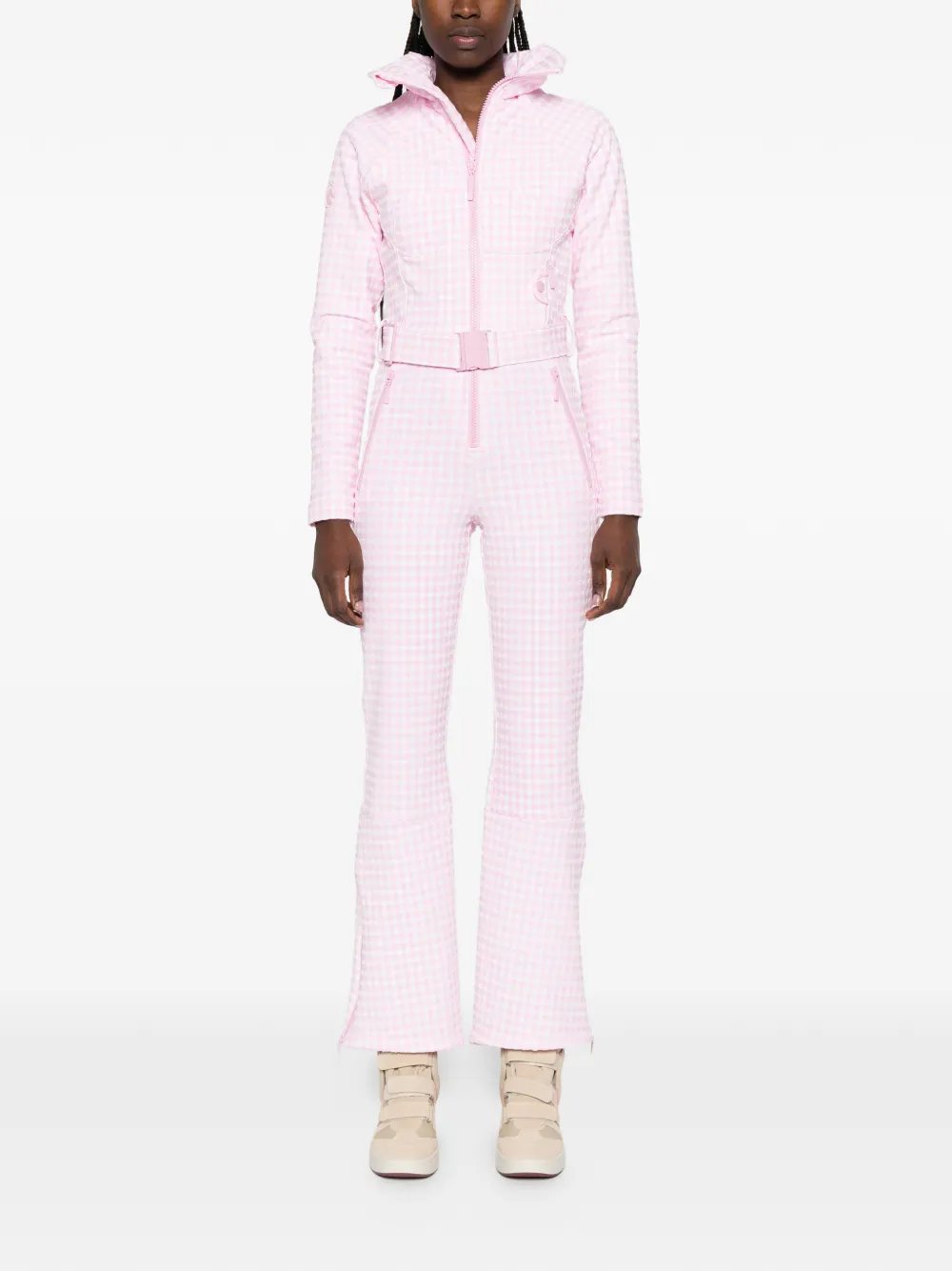 Gingham-Pattern Belted Ski Suit