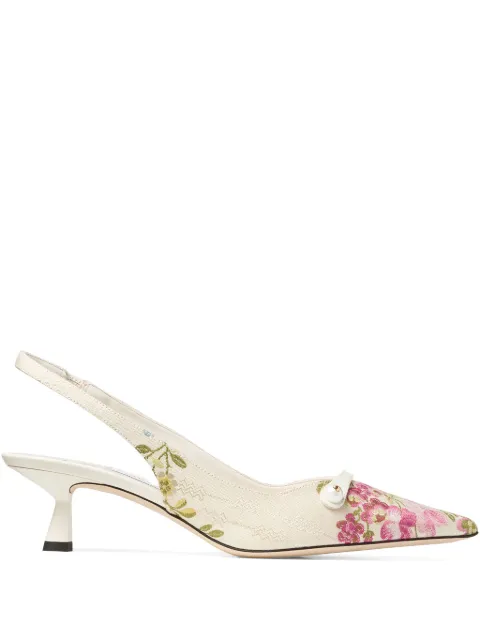 Jimmy Choo 45mm Amita floral-embroidered slingback pumps