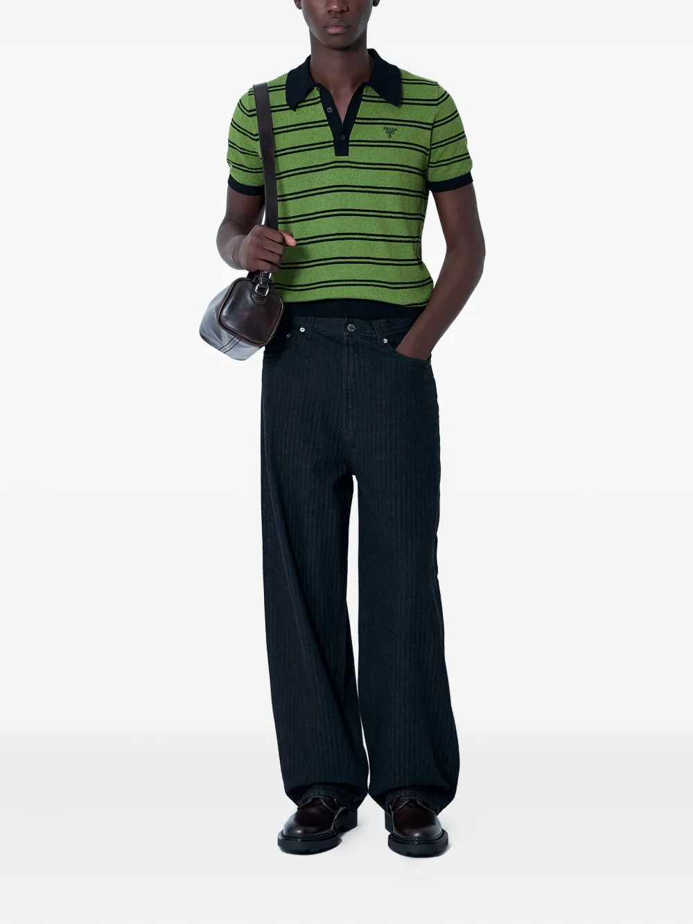 Prada striped knit polo shirt UMB95216HZF0LEG|Black