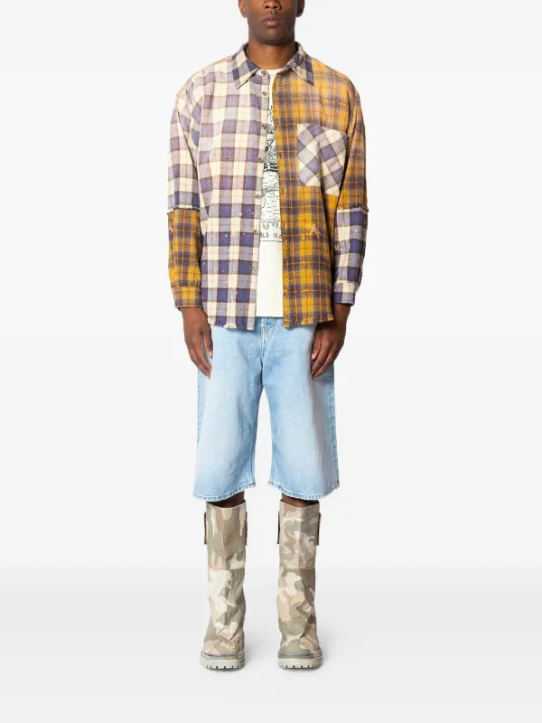 SATOSHI NAKAMOTO Patchwork Frayed Check Shirt | Yellow | FARFETCH