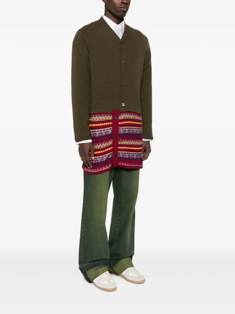 Comme Des Garçons Homme Deux Mens Khaki X Multi Contrast V-neck Wool-blend Cardigan In Green