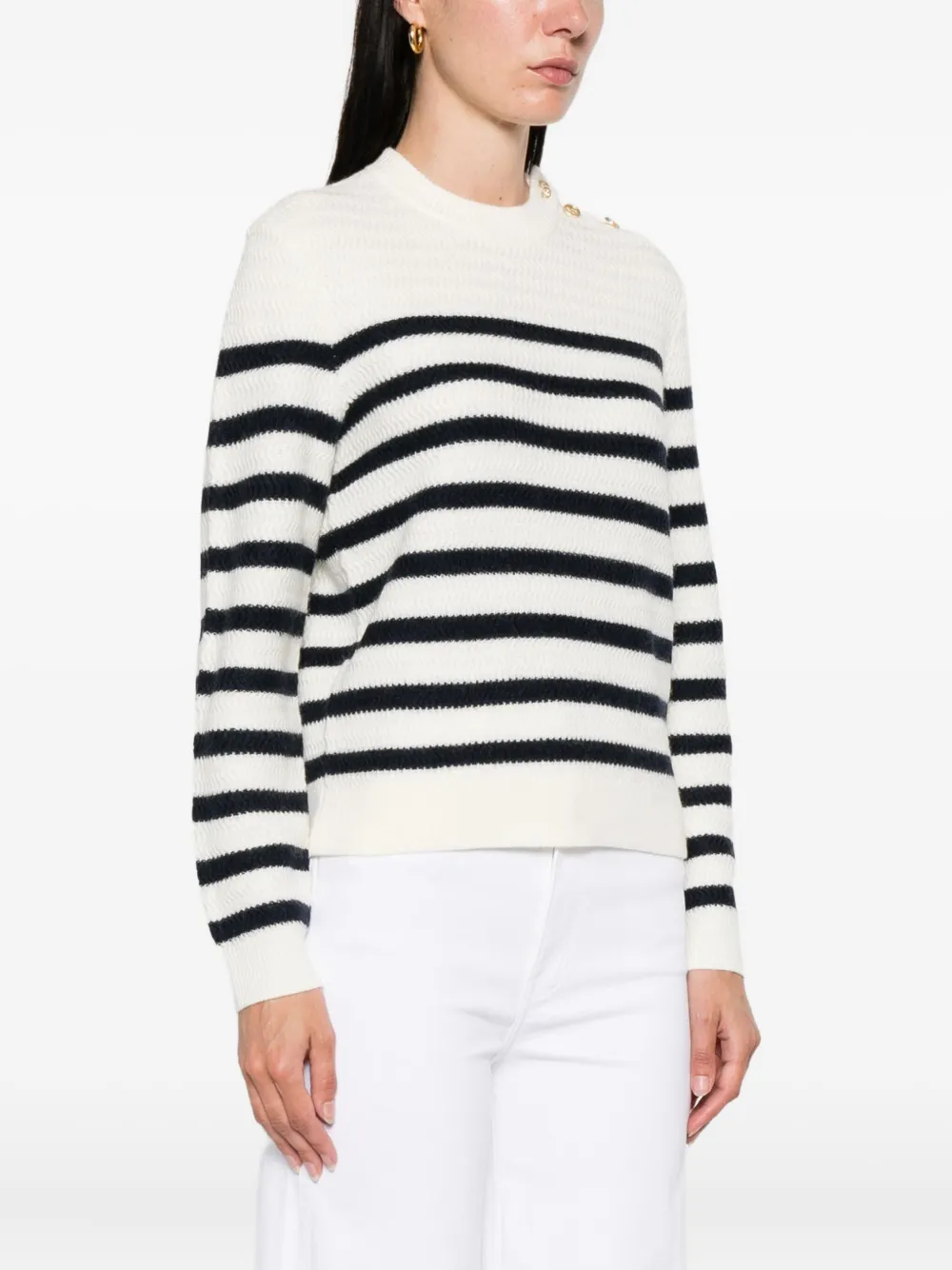 A.P.C. Gestreepte trui met knopen op de schouders Beige