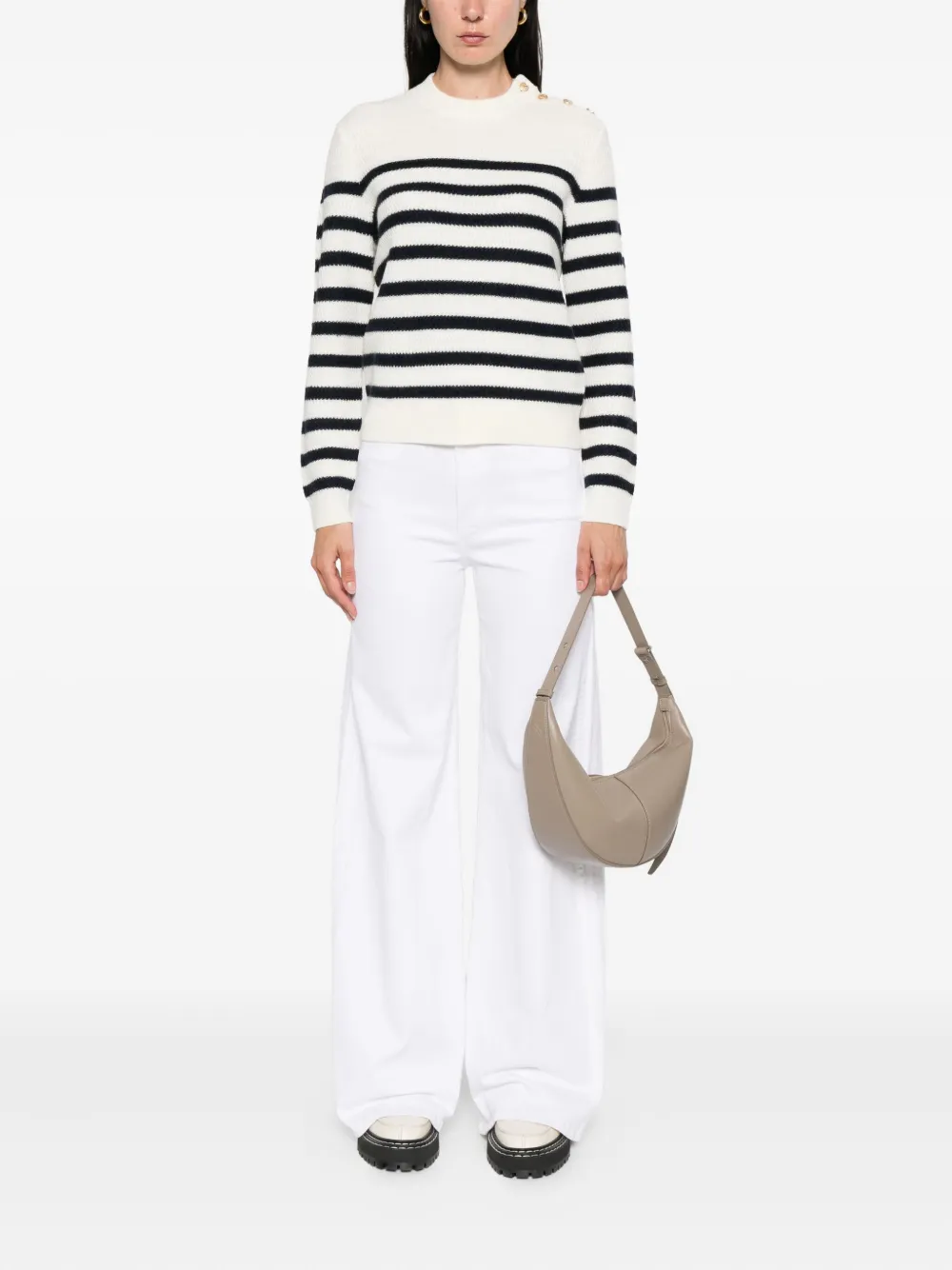 A.P.C. Gestreepte trui met knopen op de schouders Beige