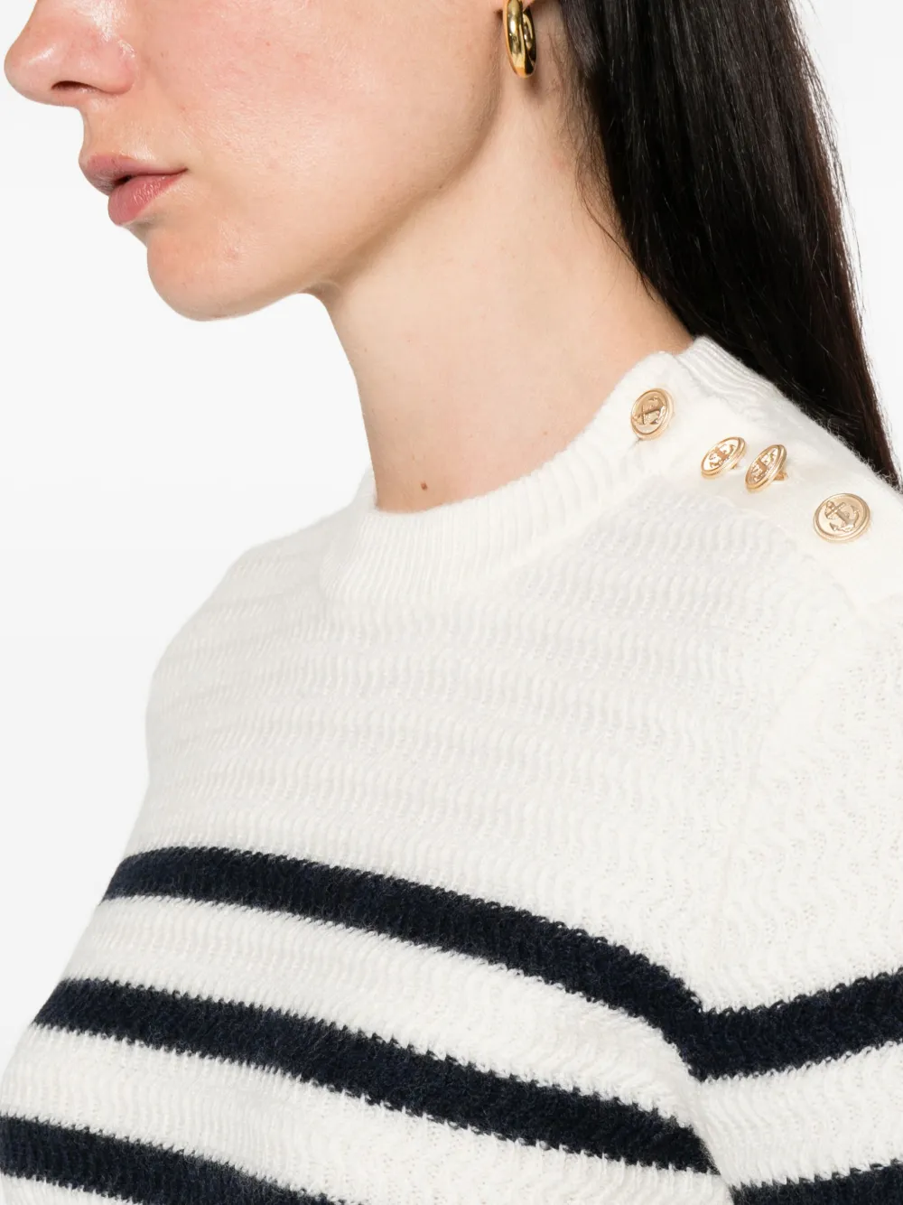 A.P.C. Gestreepte trui met knopen op de schouders Beige