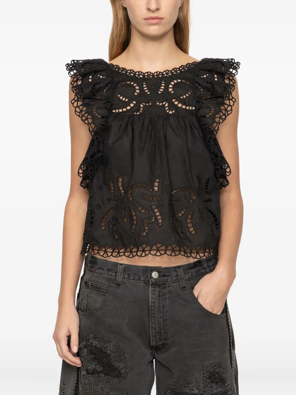 Sea Eyelet-embroidered Ruffled Top In Black