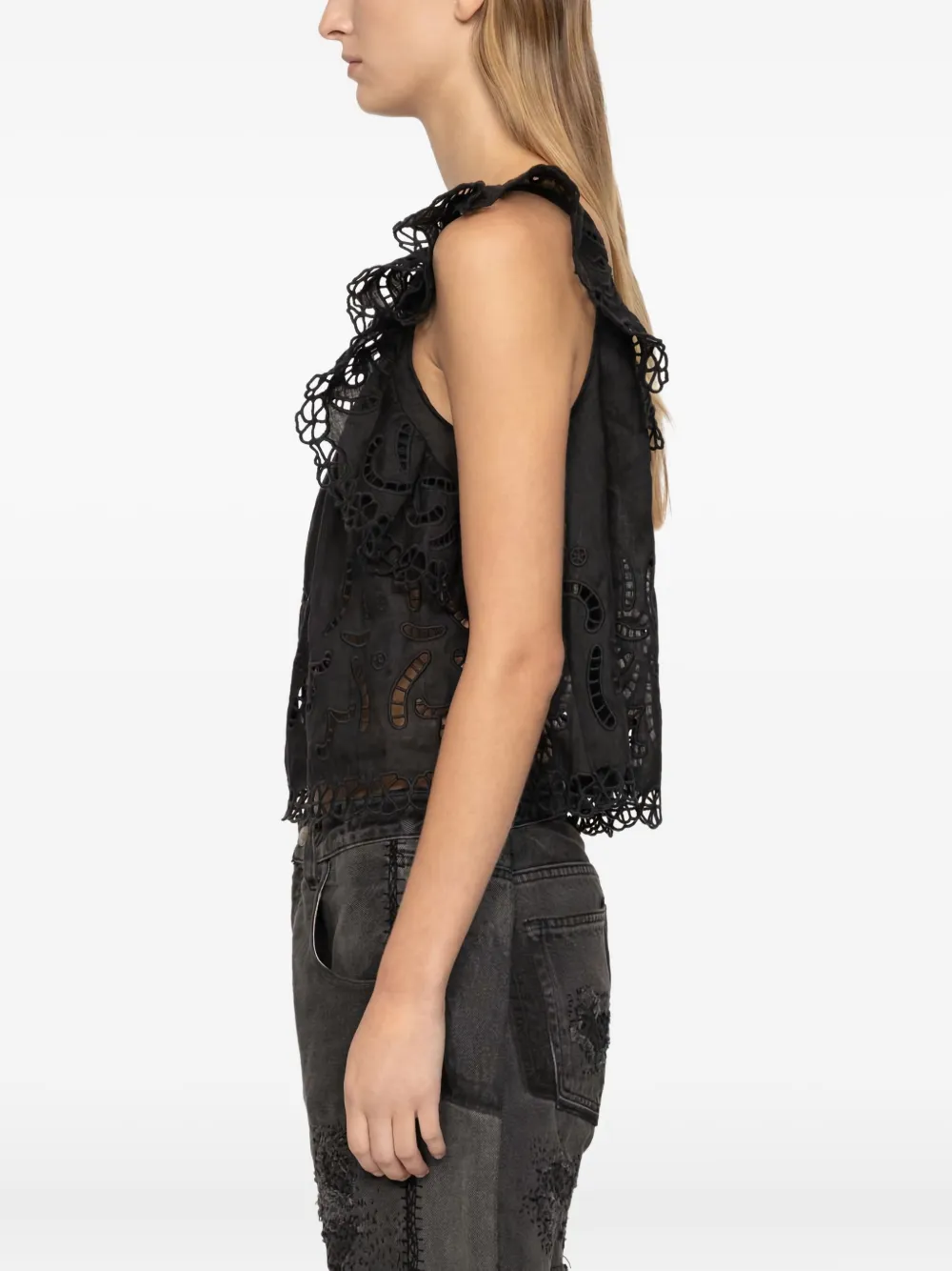  Sea Eyelet-embroidered Ruffled Top - Black 