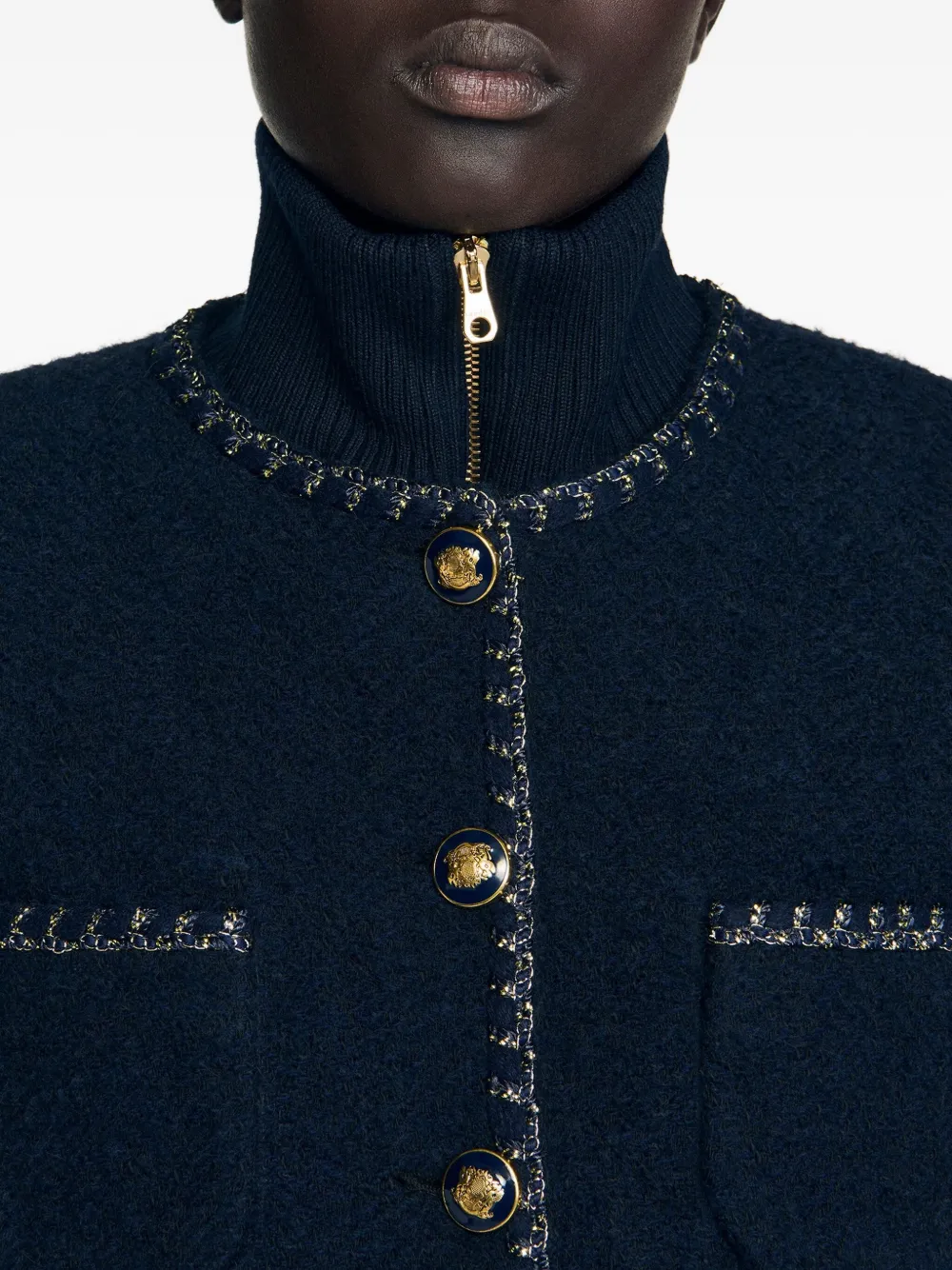 Sandro Womens Navy Blue Buttoned Contrast-trim Tweed Jacket In Black