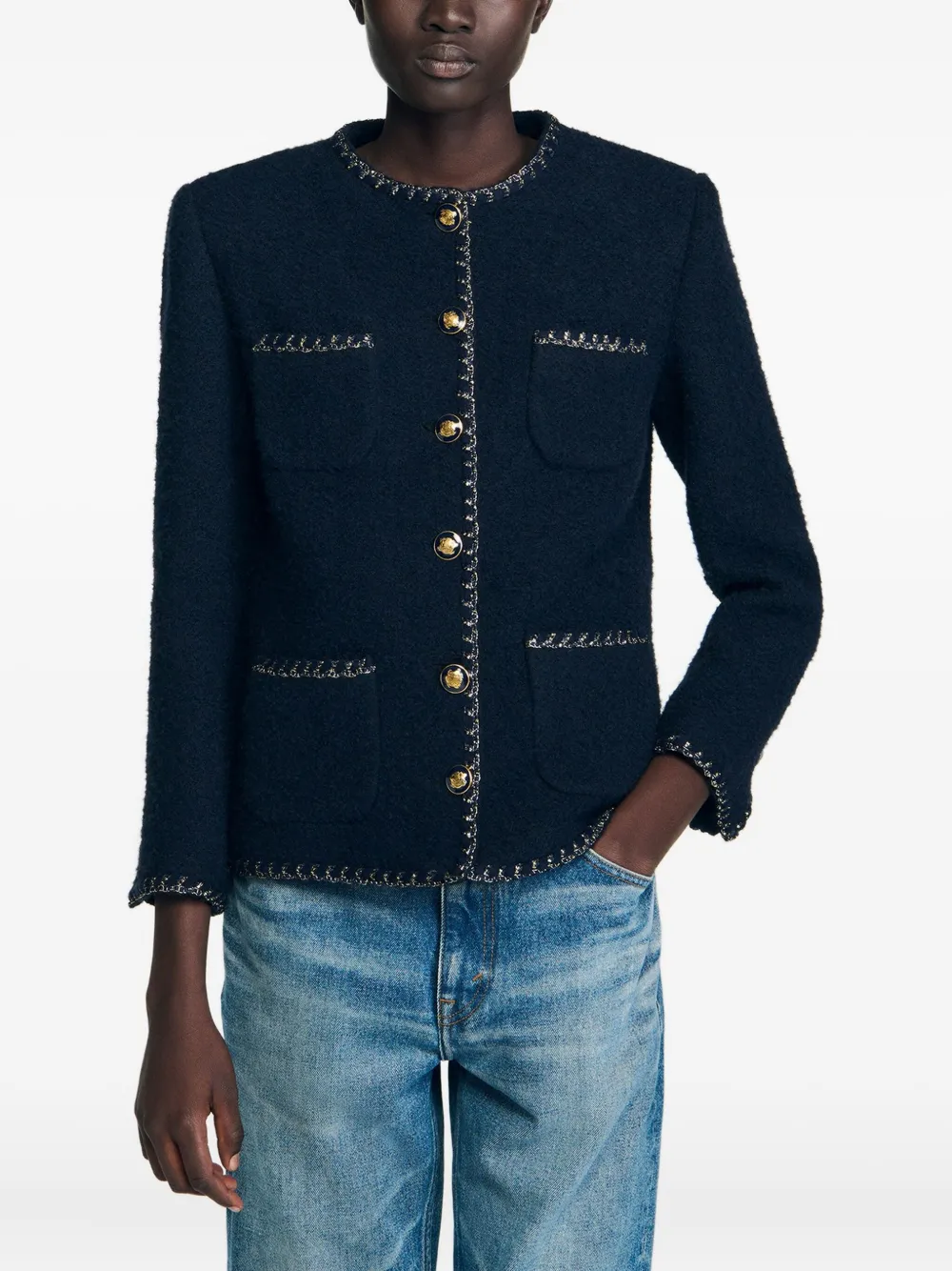 Sandro Womens Navy Blue Buttoned Contrast-trim Tweed Jacket In Black