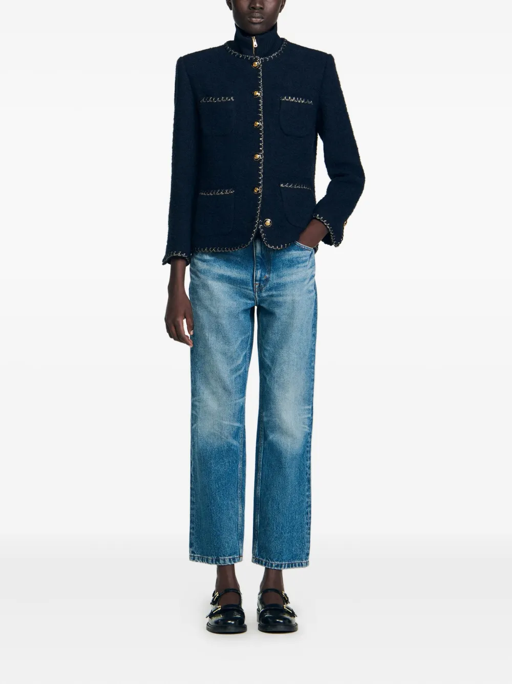 Sandro Womens Navy Blue Buttoned Contrast-trim Tweed Jacket In Black