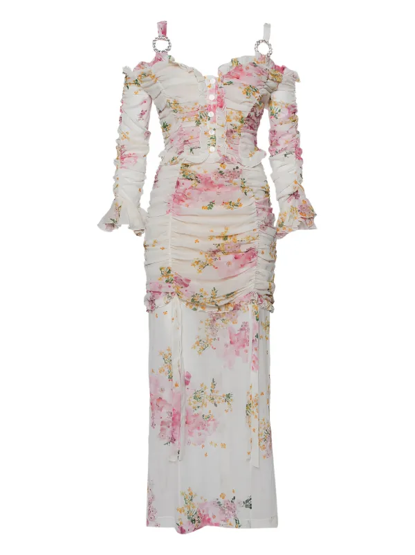 Alessandra Rich Floral-print Ruched Maxi Dress - White