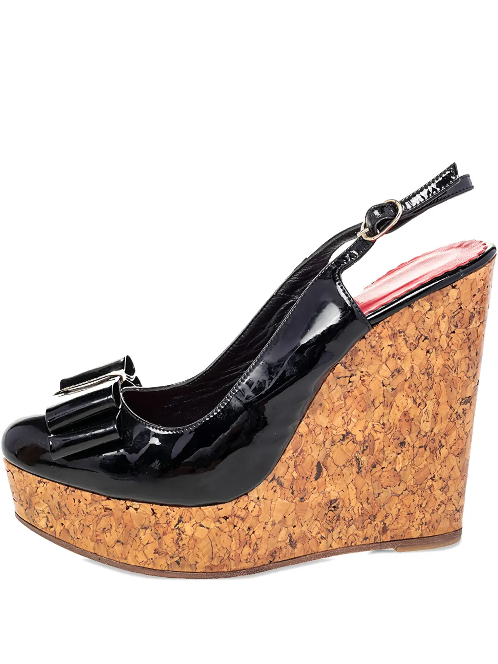 Pre-owned Carolina Herrera Vintage 125mm Bow-detail Patent-leather Wedge Sandals In Black