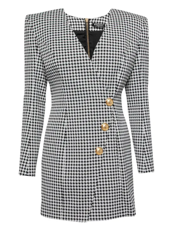 balmain houndstooth mini dress BALMAIN Sleeveless Houndstooth Pleated Mini Dress in Noir & Blanc