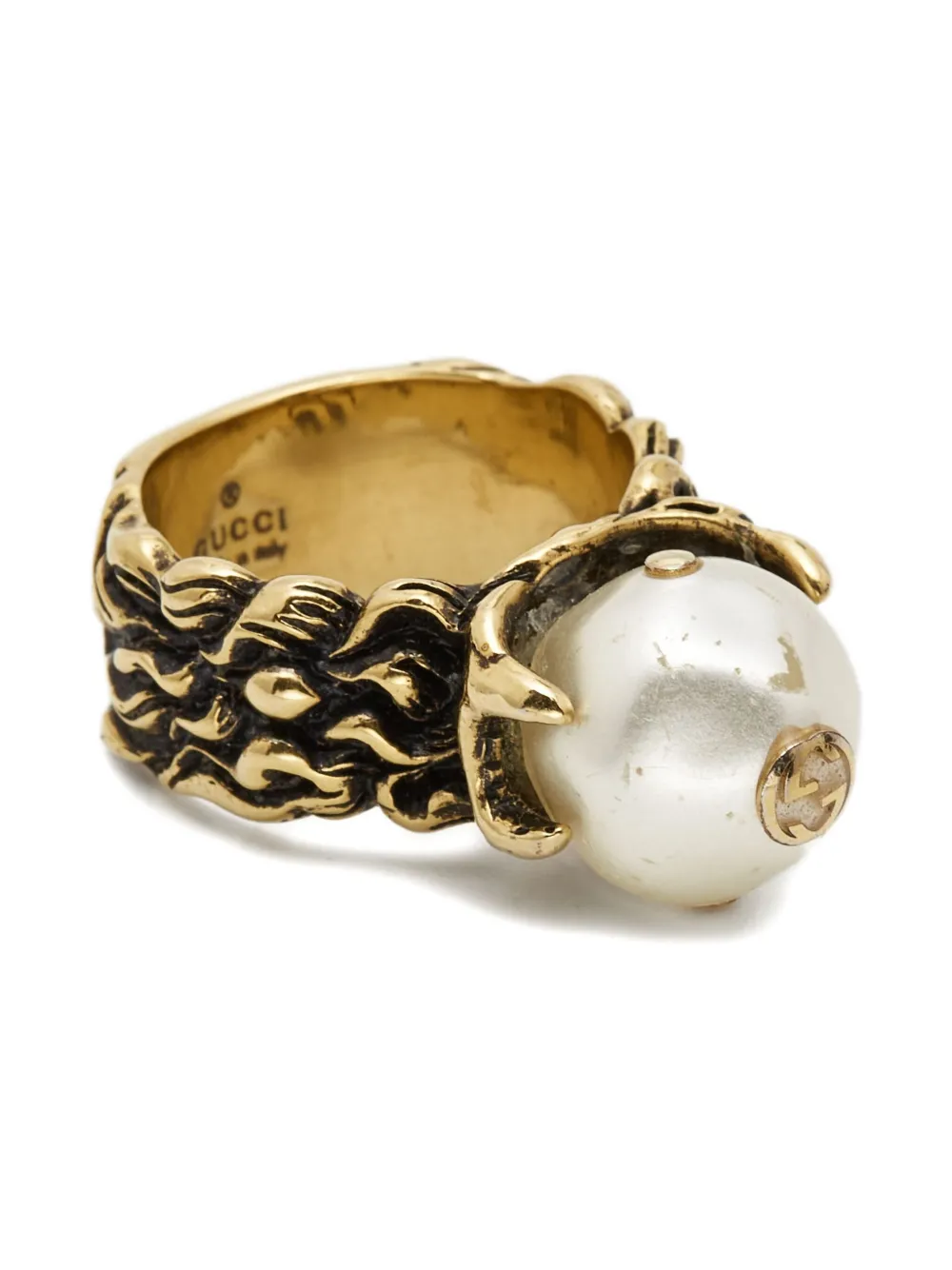 Pre-owned Gucci Faux-pearl Textured Ring In Gold