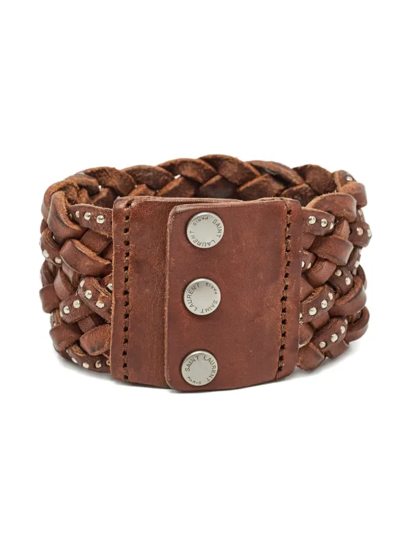 Saint Laurent Pre-Owned Braided Leather Studded Bracelet | Brown