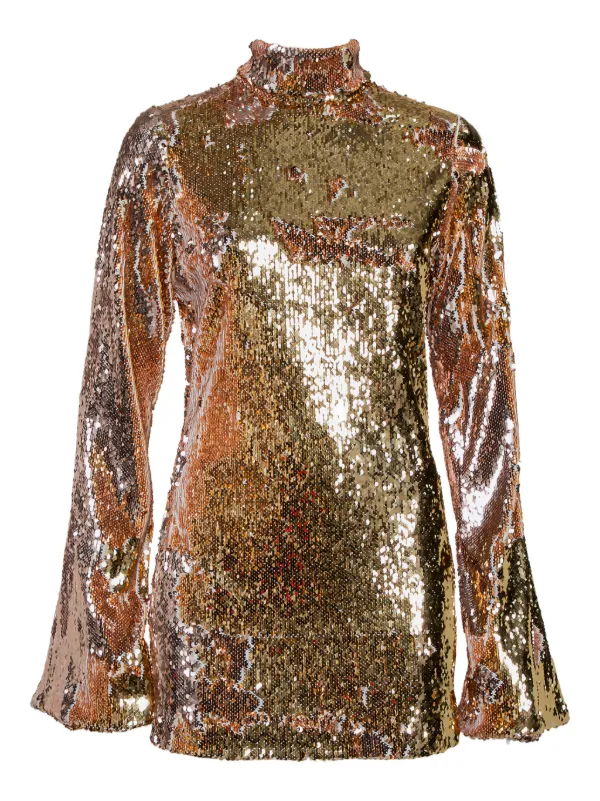 embellished long sleeve mini dress in gold Halpern sequin-embellished long-sleeve | The Dixie mini dress