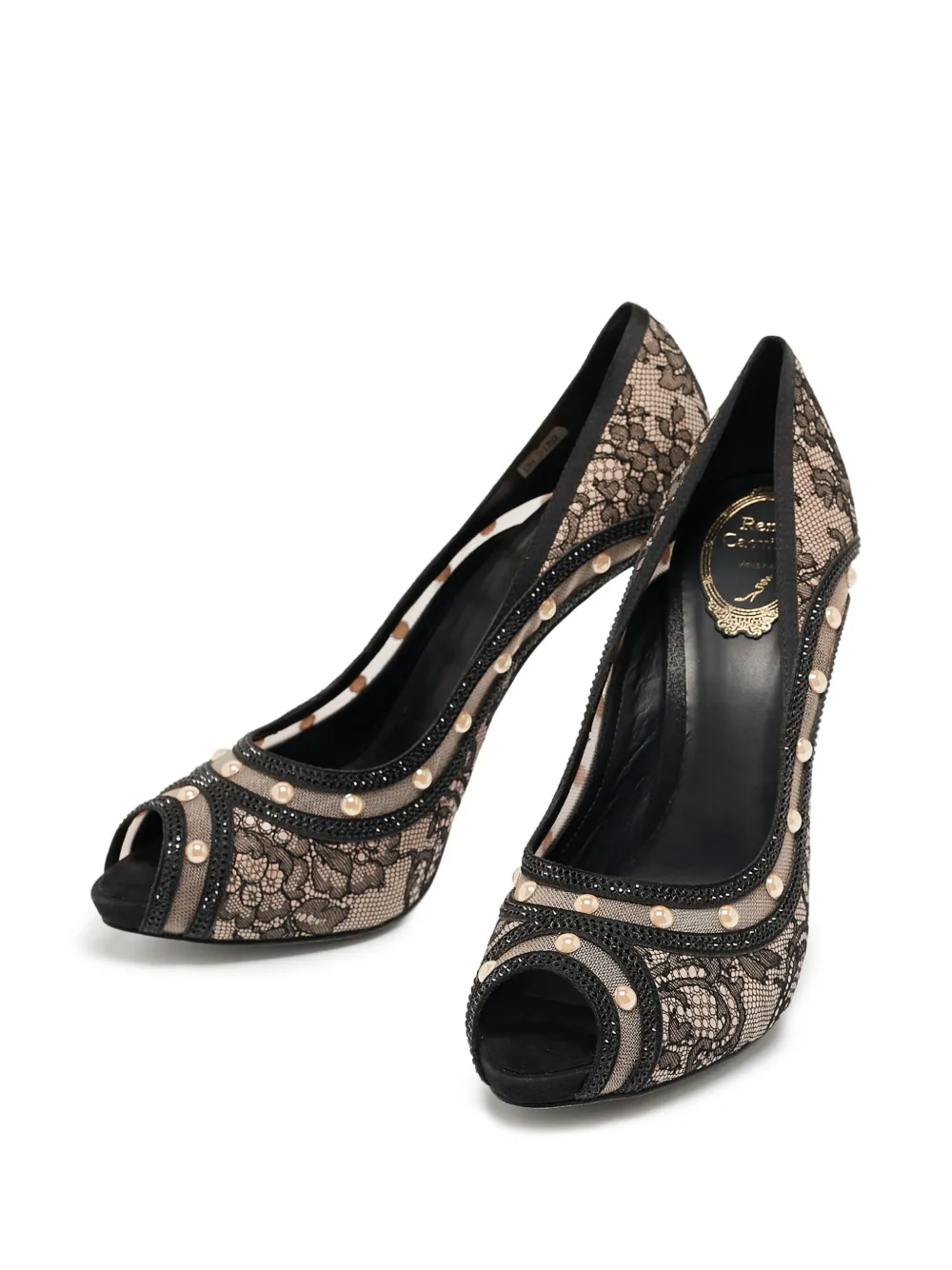 René Caovilla 120 mm pumps met imitatieparel en kant - Beige