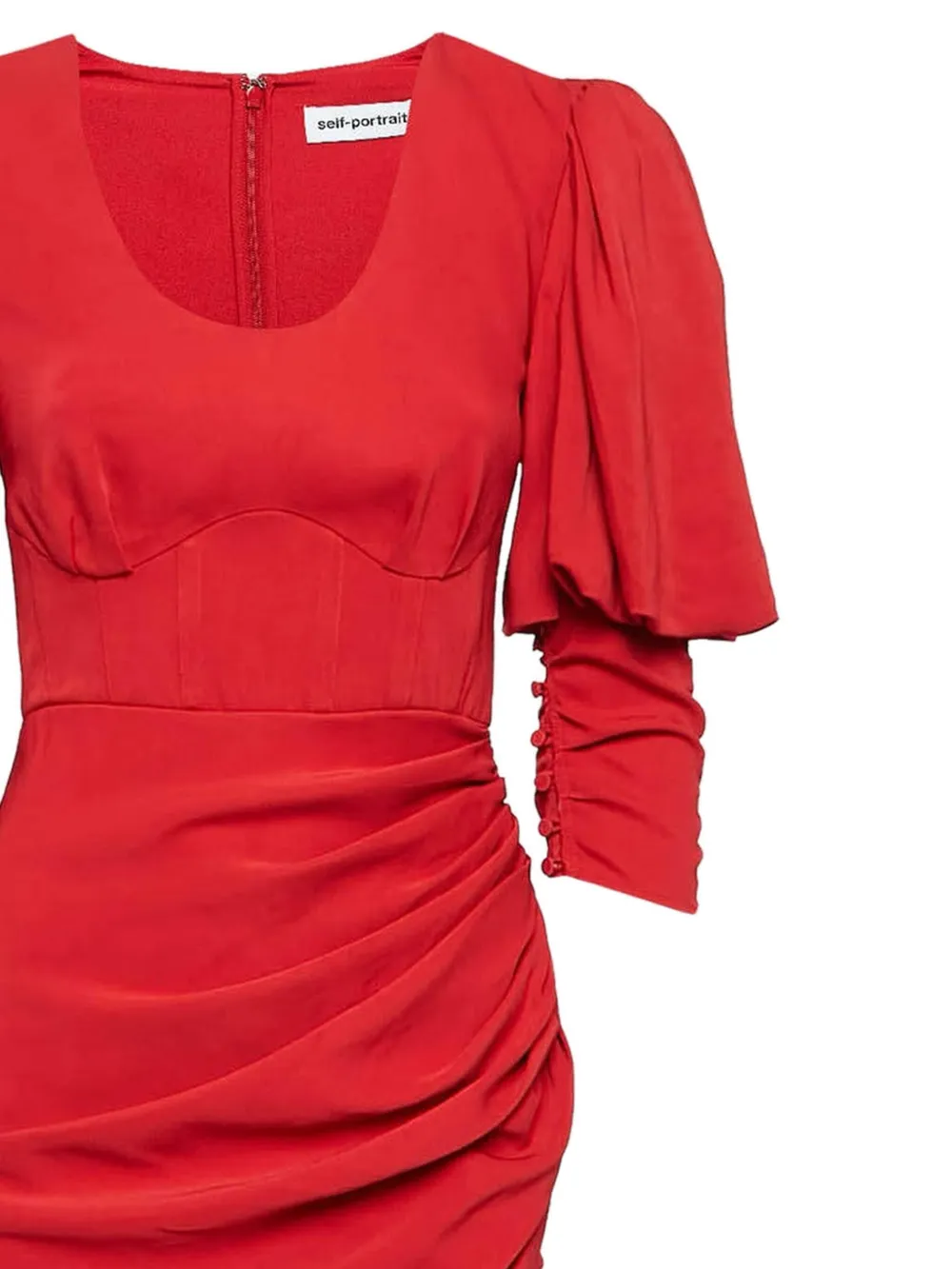Self-Portrait 2024 gedrapeerde midi-jurk met pofmouwen - Rood