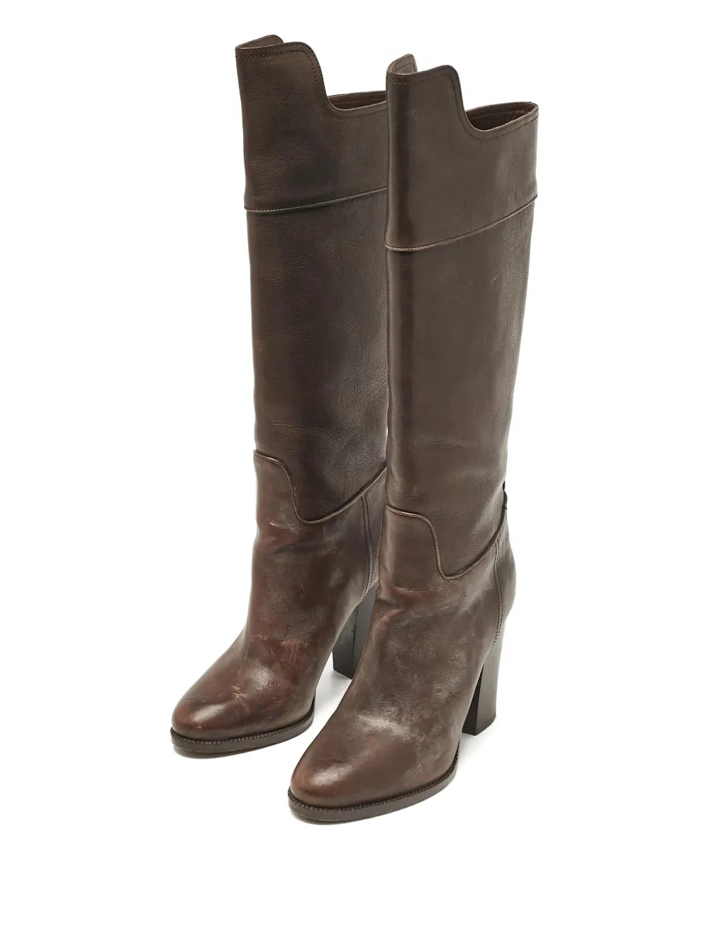 Ralph Lauren Collection Pre-owned 100 mm leren knielaarzen met blokhak - Bruin