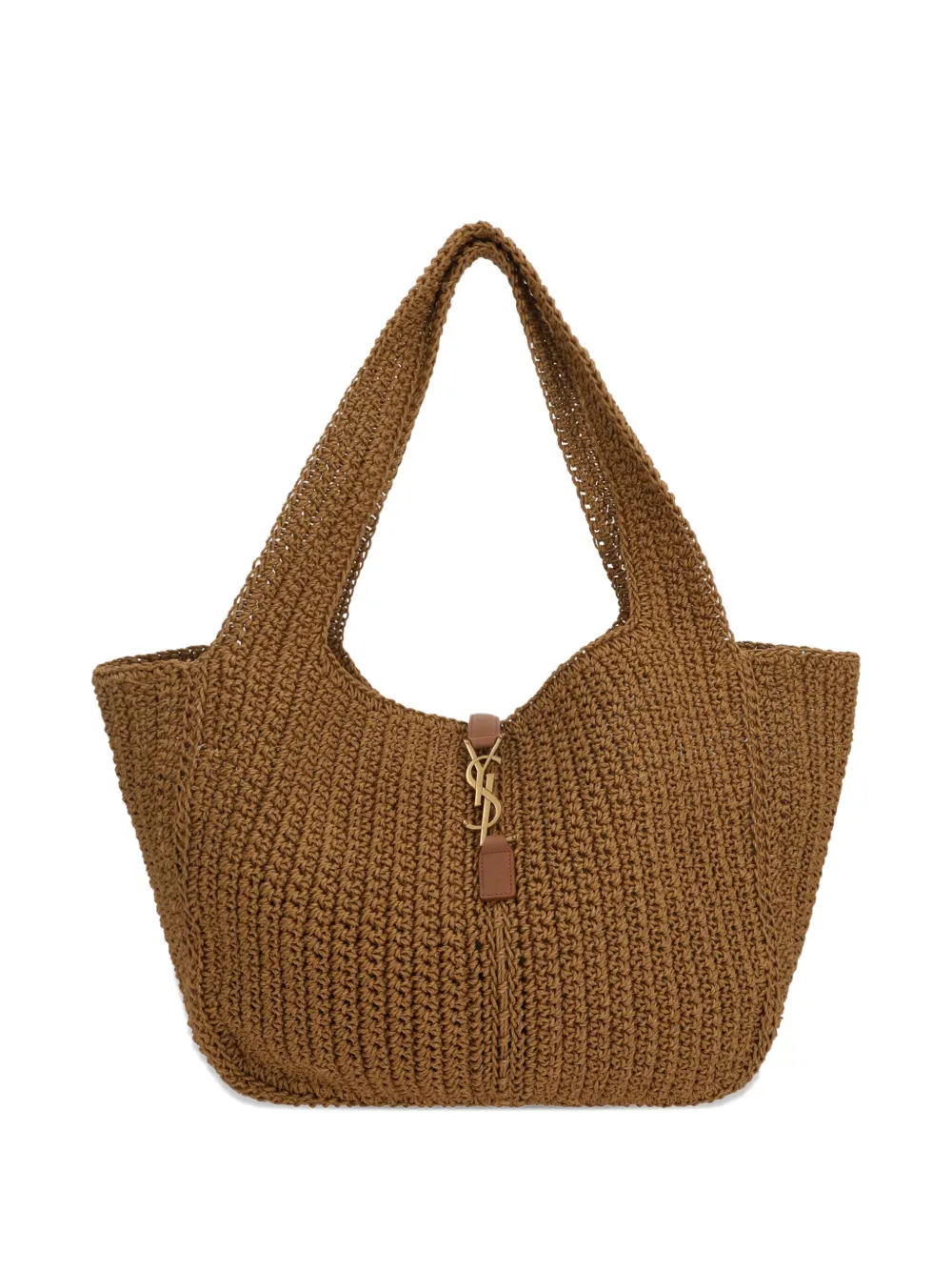 Saint Laurent large leather-trimmed knitted tote bag Bruin