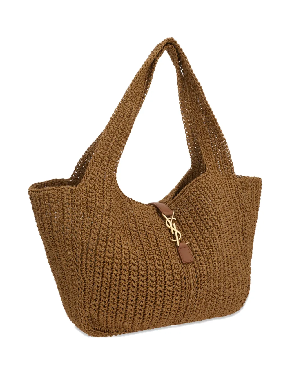 Saint Laurent large leather-trimmed knitted tote bag Bruin