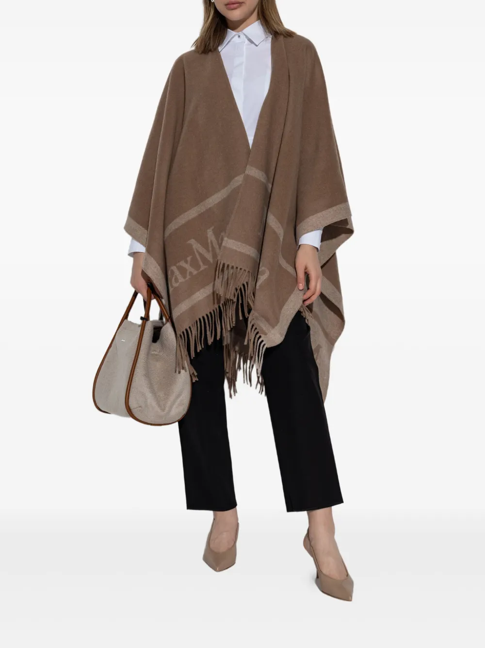 Max Mara Poncho met sjaal en franje Bruin