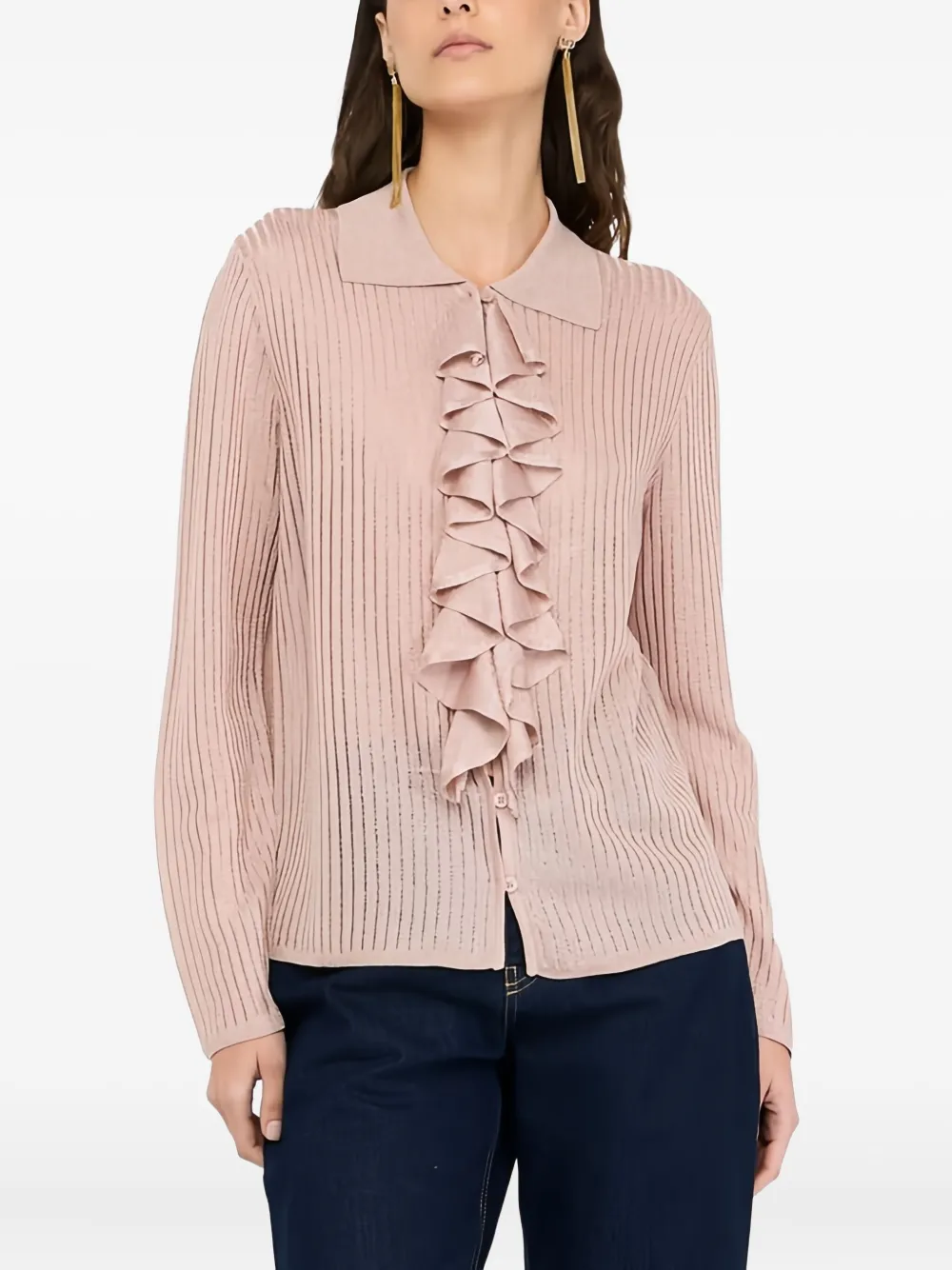 Liu •jo Ribbed Ruffled Knit Shirt In Pink
