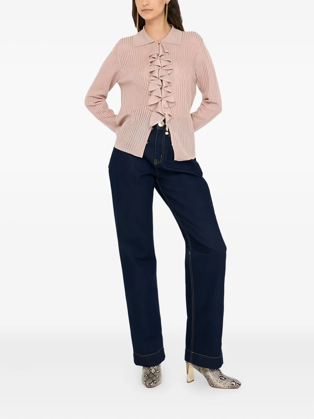 Liu •jo Ribbed Ruffled Knit Shirt In Pink