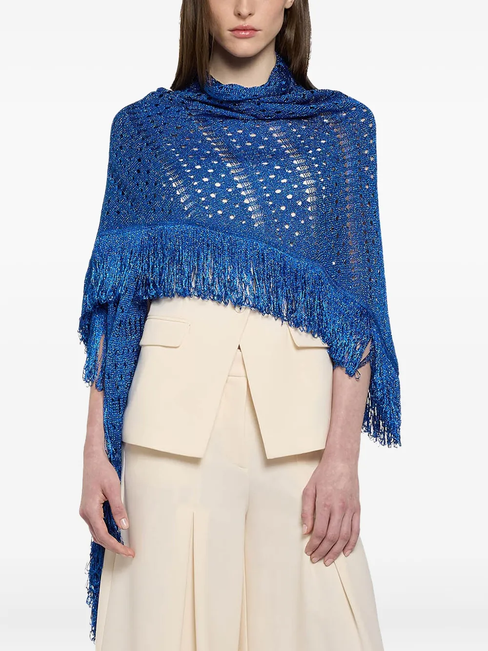 SIMONA CORSELLINI fringed lace-knit poncho Blauw