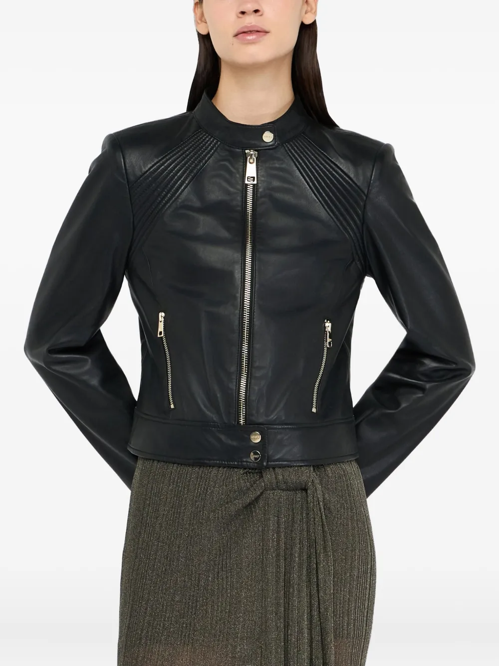 Liu •jo Zippered Leather Biker Jacket In Black