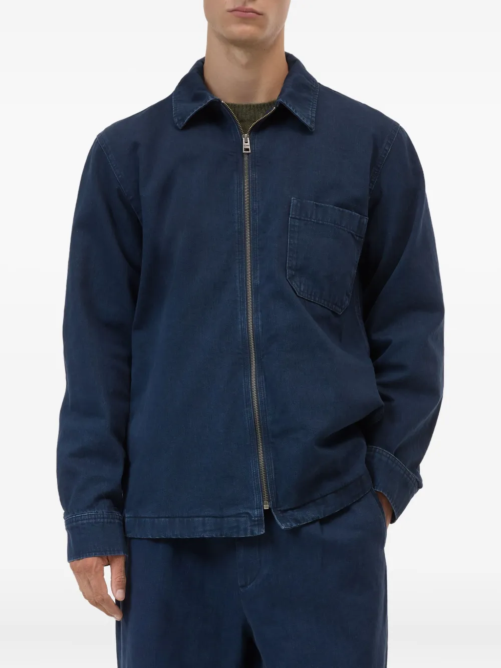 Closed Zip-front Chest-pocket Shirt In Blue
