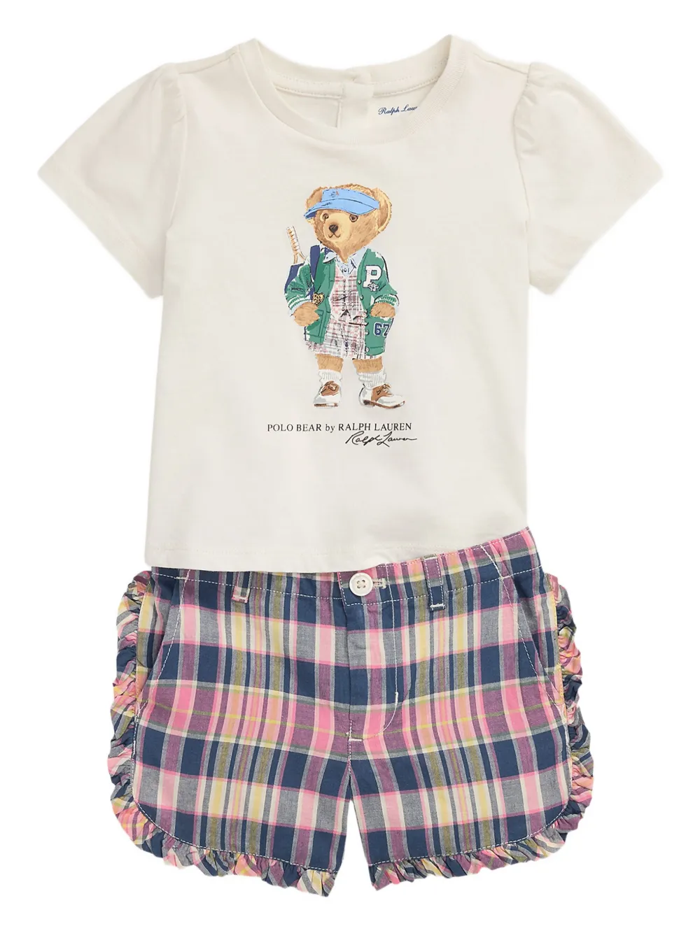 POLO RALPH LAUREN KIDS T-shrit en geruite shorts met ruches Blauw