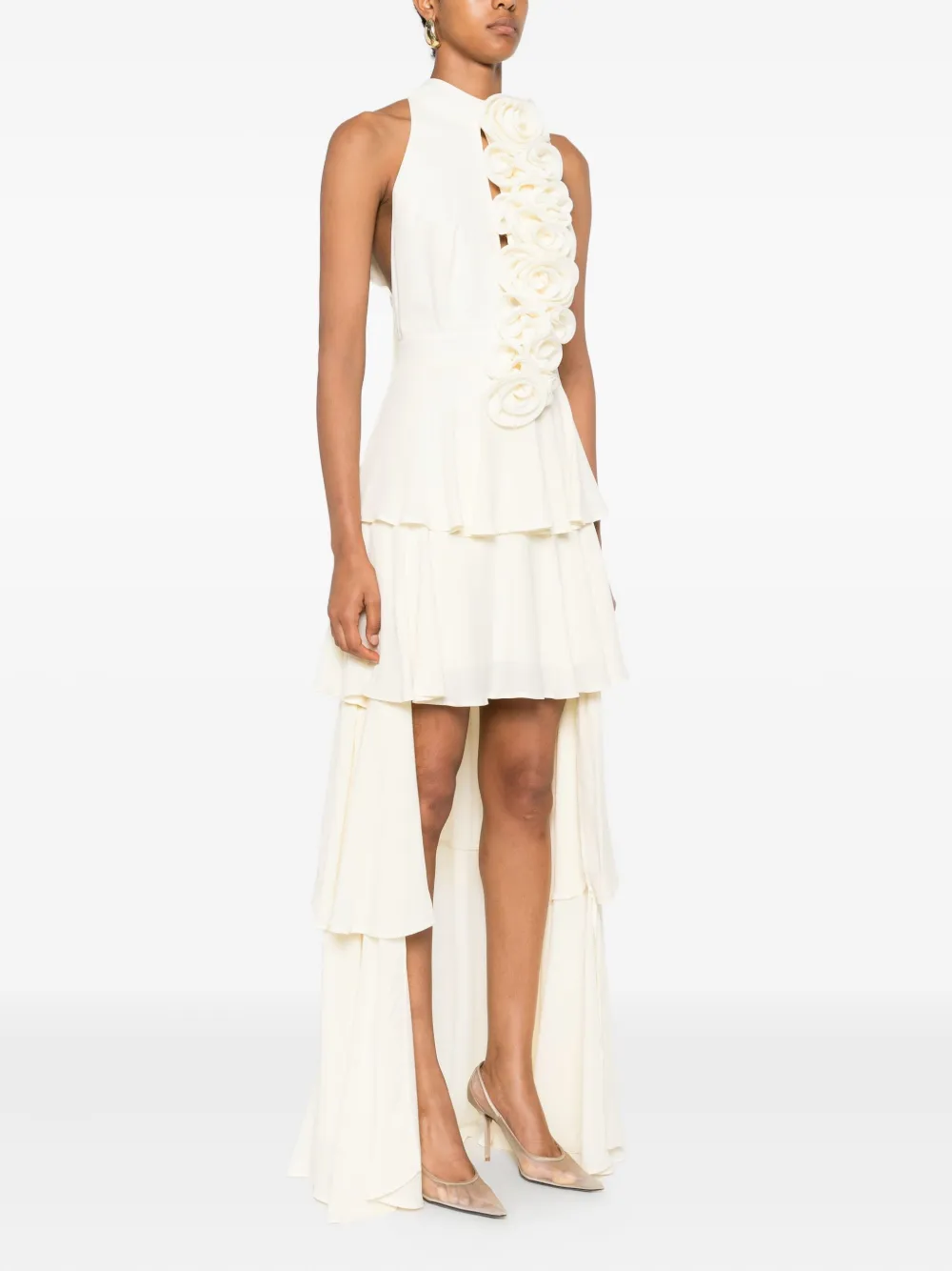 Babylone Paris appliqué-embellished tiered asymmetrical dress Beige
