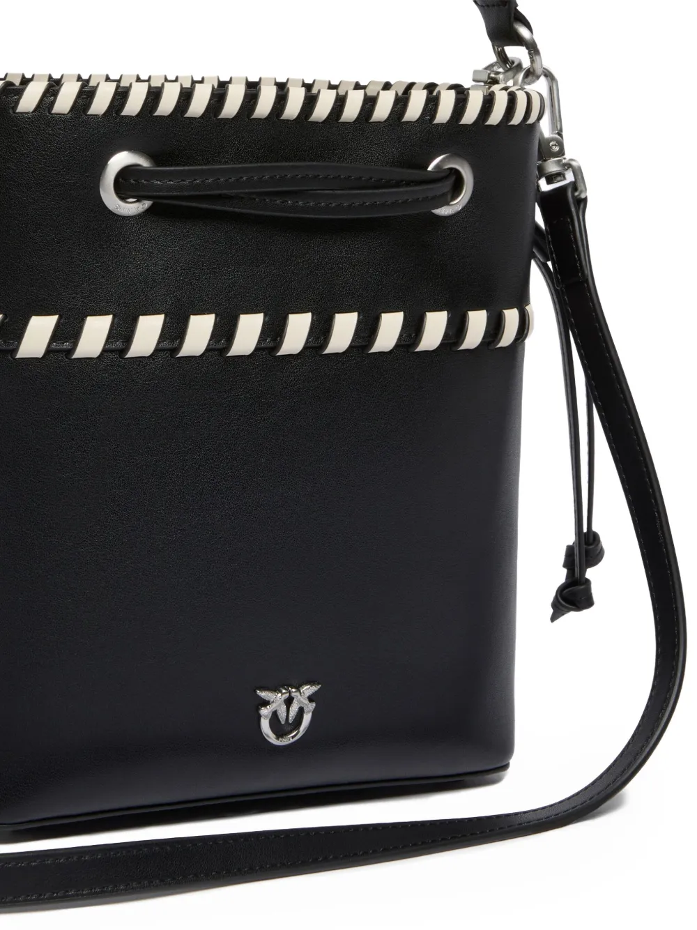 Pinko Small Leather Bucket Bag With Threaded Detailing In Black