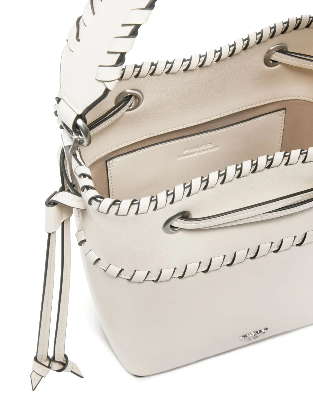 Pinko Small Leather Bucket Bag With Threaded Detailing In White