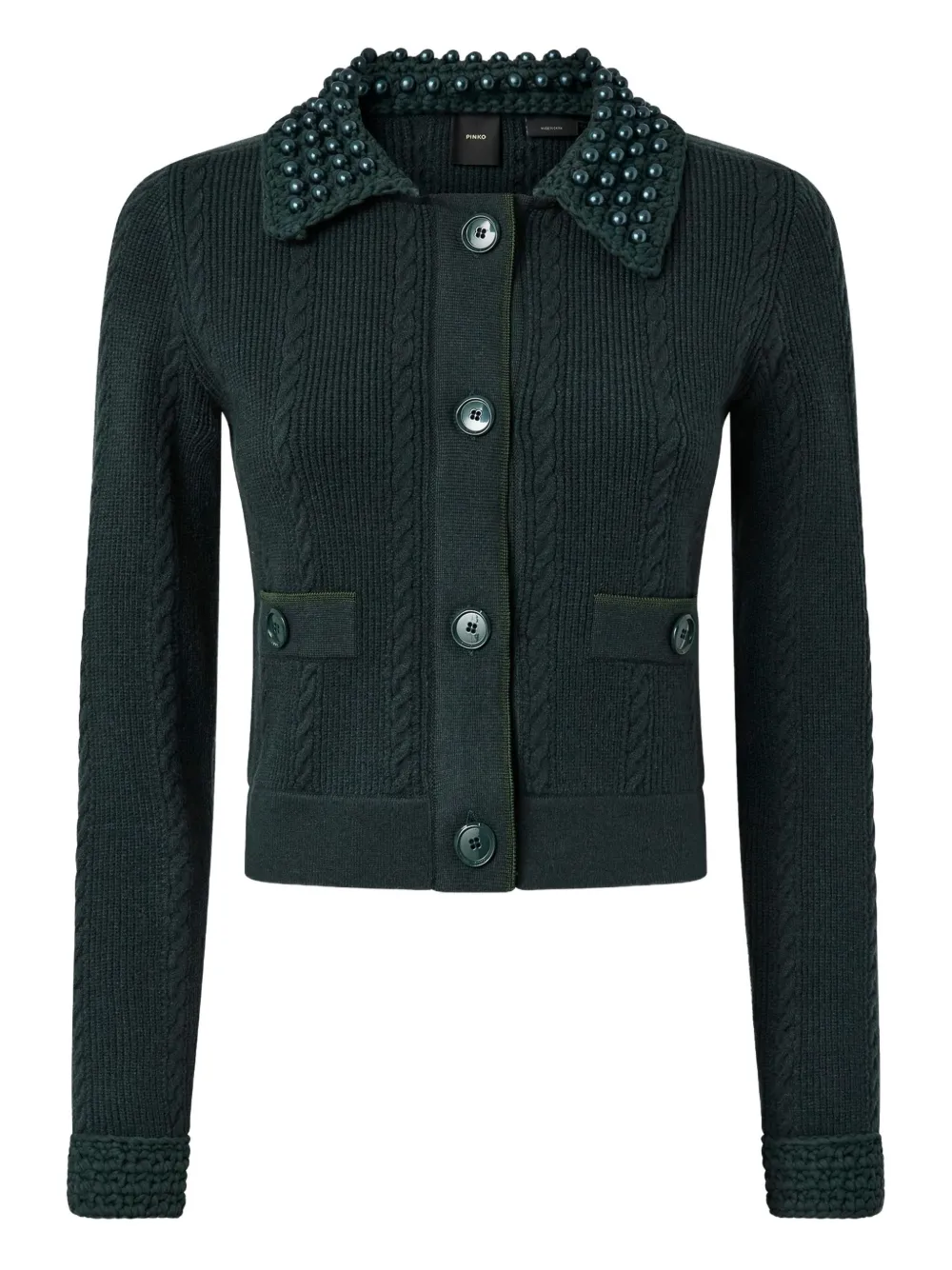 PINKO cable-knit pearl-embellished cardigan Groen