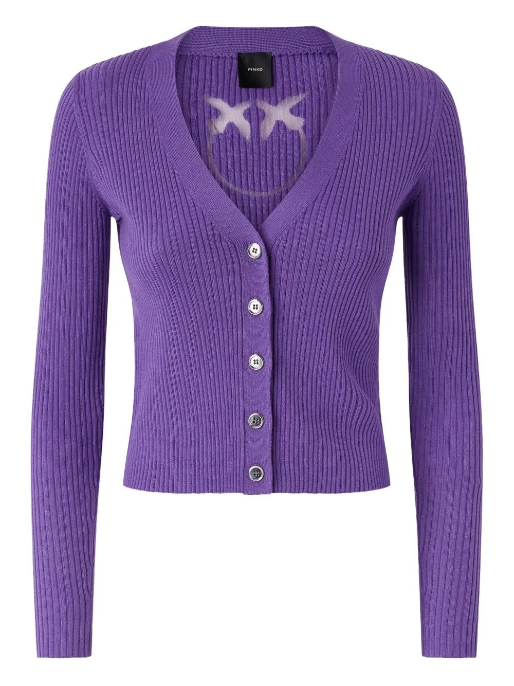 Pinko Rib-knit Cardigan With Love Birds Logo In Purple