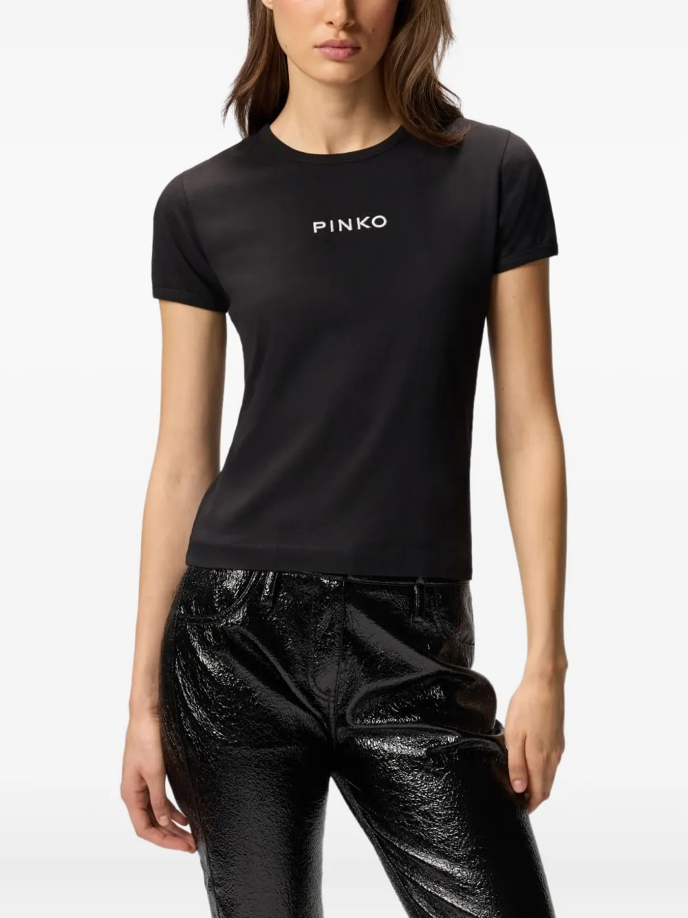Pinko Short-sleeved T-shirt With Embroidered Logo In Black