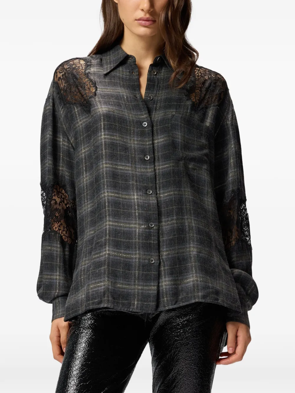 PINKO Geruite blouse met kant Zwart
