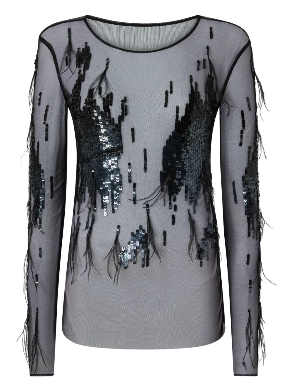 Pinko Sheer Sweater With Sequins And Feathers In Black